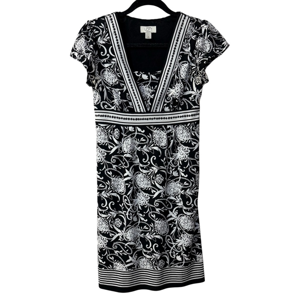 Ann Taylor LOFT cap sleeve black and white floral dress with empire waist
